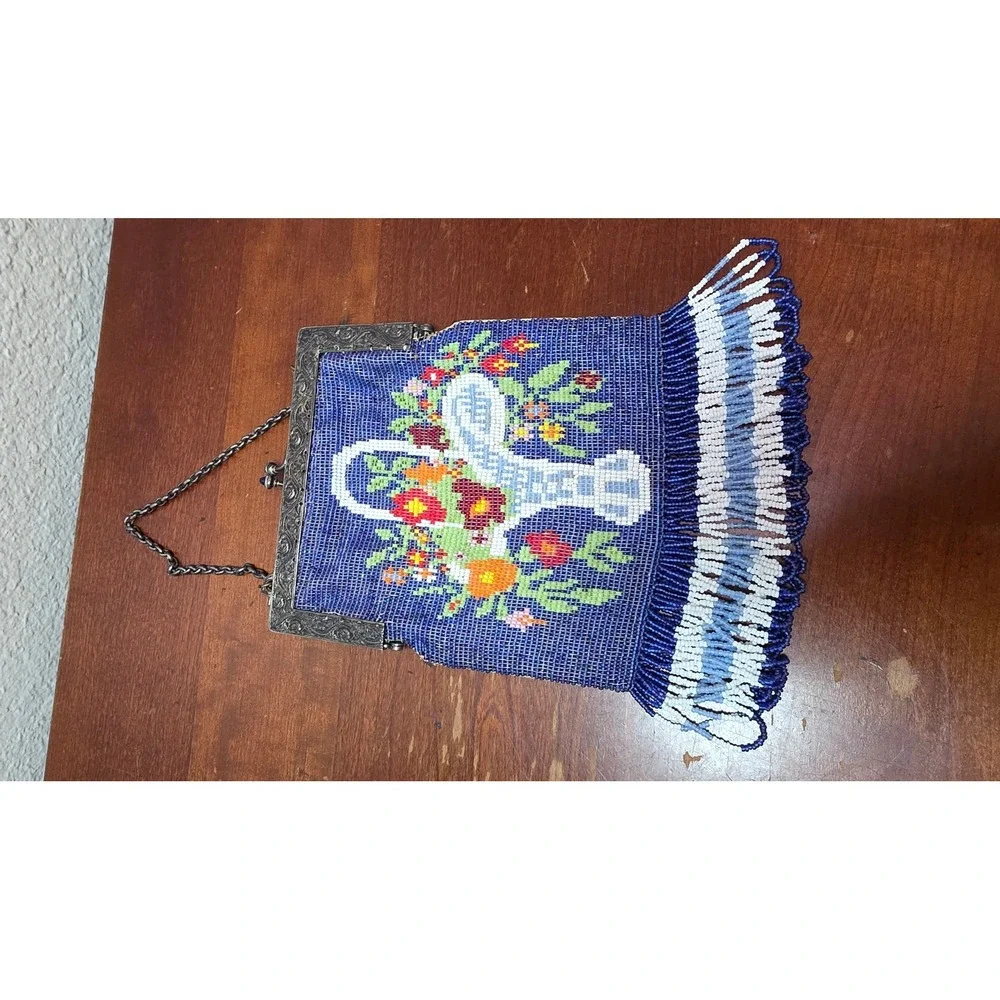 VTG Micro Beaded Floral Basket Evening Bag Blue Women Small Fringe Purse Y2k 80s